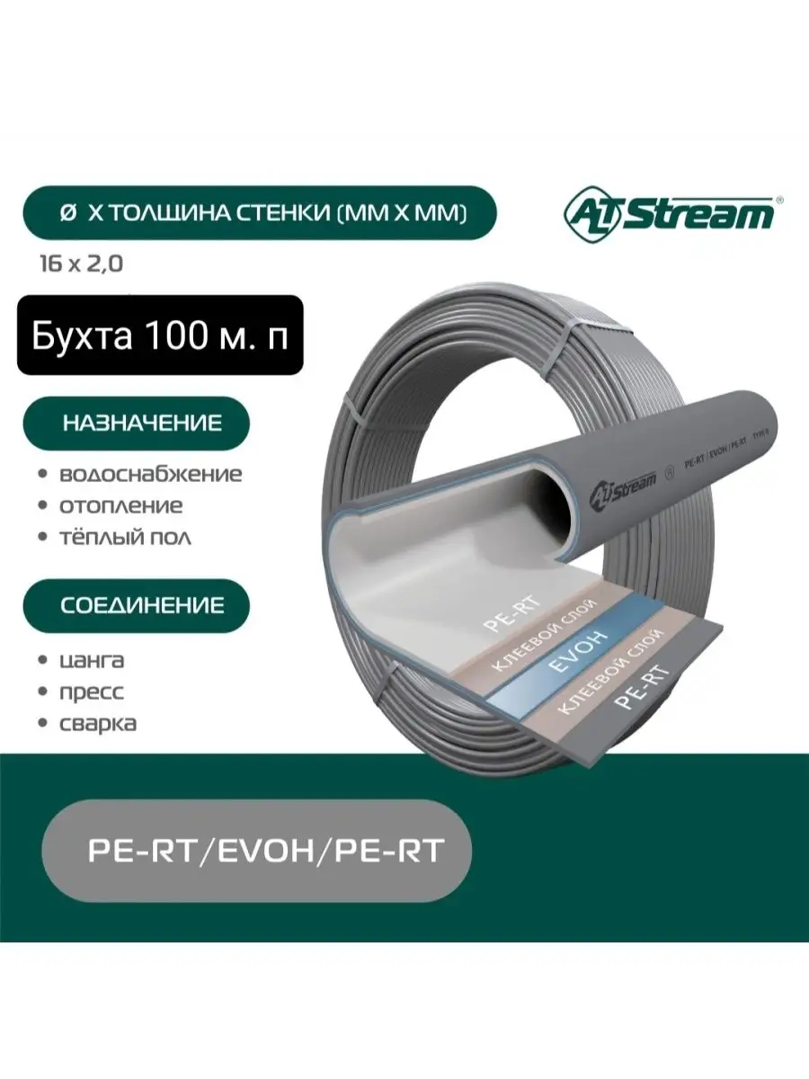 труба сшитый полиэтилен 16*2.0 pe-rt Evoh 100 м.п серая ALTStream 169355128  купить в интернет-магазине Wildberries