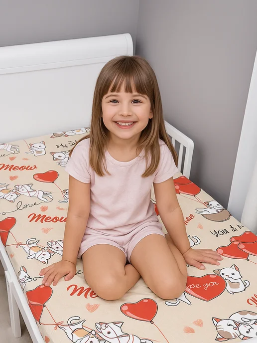Eppel Store Простыня на резинке 90х200, бязь хлопок. Сердечки котята, 90x200, фото 2