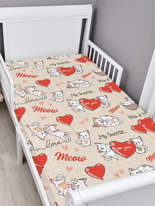 Eppel Store Простыня на резинке 90х200, бязь хлопок. Сердечки котята, 90x200, фото 3