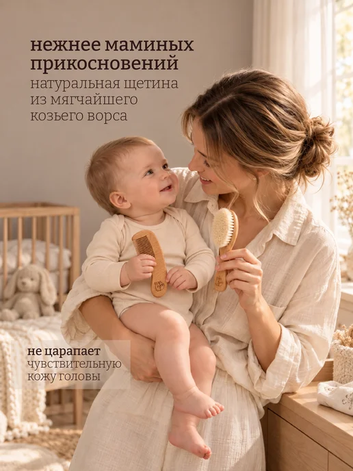PAP KIDS Набор расческа и гребешок для новорожденных для корочек, бежевый, фото 2