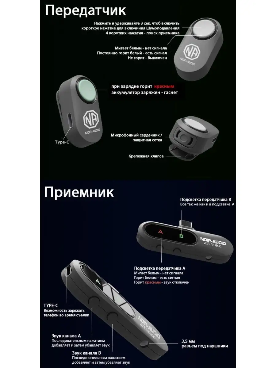 Беспроводной петличный микрофон с разъёмом Type-C NOIR-audio 170046349  купить за 2 016 ₽ в интернет-магазине Wildberries