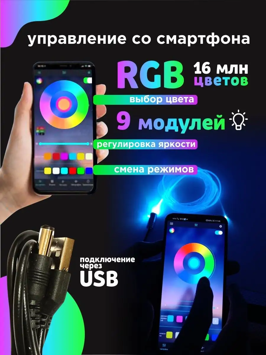 Неоновая подсветка для салона авто RGB от USB