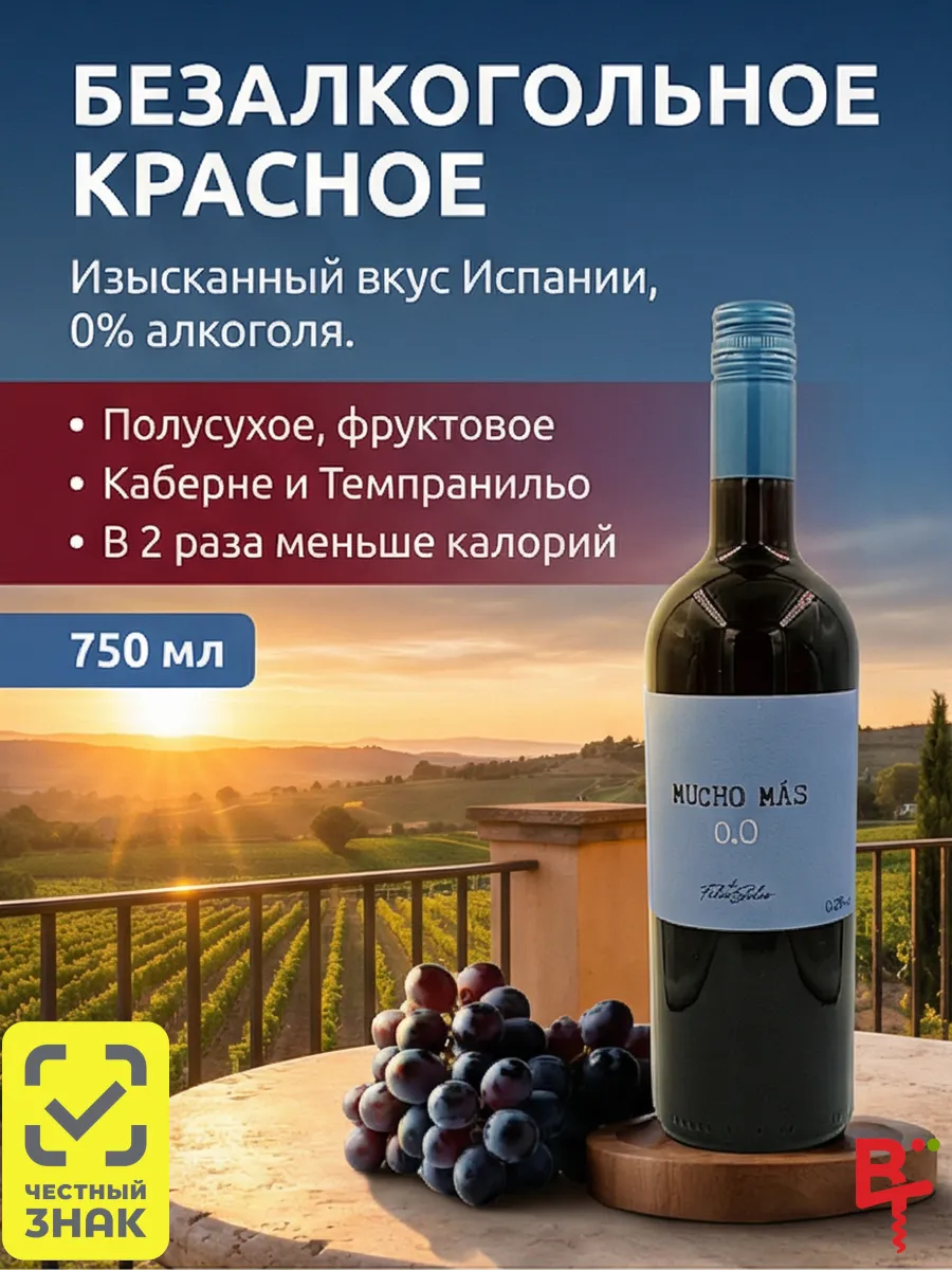 Безалкогольное вино красное полусухое Мучо Мас