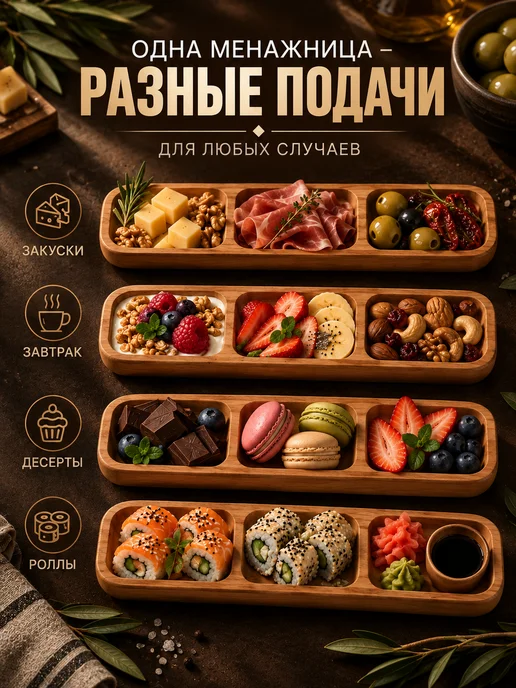 Drefco Менажница деревянная прямоугольная для сервировки 30*7*2 см, 30x7x2 см, фото 2