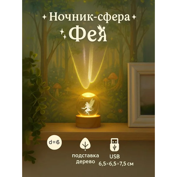 Ночник сфера детский светодиодный стеклянный шар фея
