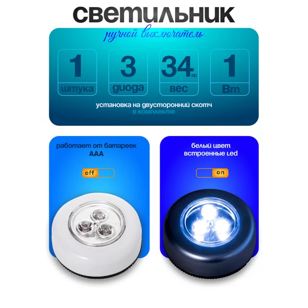 Ночник-пушлайт «Круг» 3 диода 3ААА белый 2,5х6,5х6,5 см