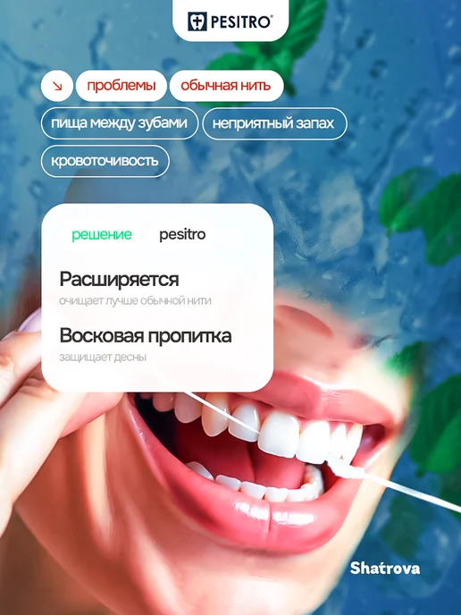 Pesitro Зубная нить расширяющаяся объемная мята 50 метров, 50 м, фото 2