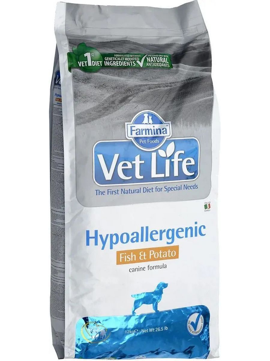 Farmina для собак в москве. Farmina vet Life Hypoallergenic Fish Potato. Корм для собак vet Life Hypoallergenic. Vet Life корм для собак гипоаллергенный. Фармина корм для собак с рыбой.