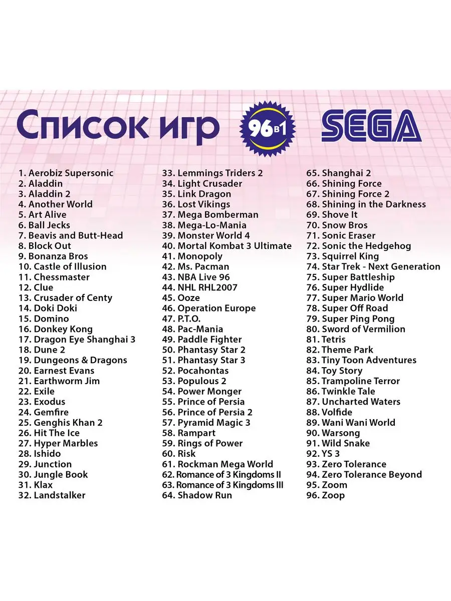 Игровой картридж для приставки 16 бит Сега 96 игр Mega Drive 171699981  купить за 988 ₽ в интернет-магазине Wildberries