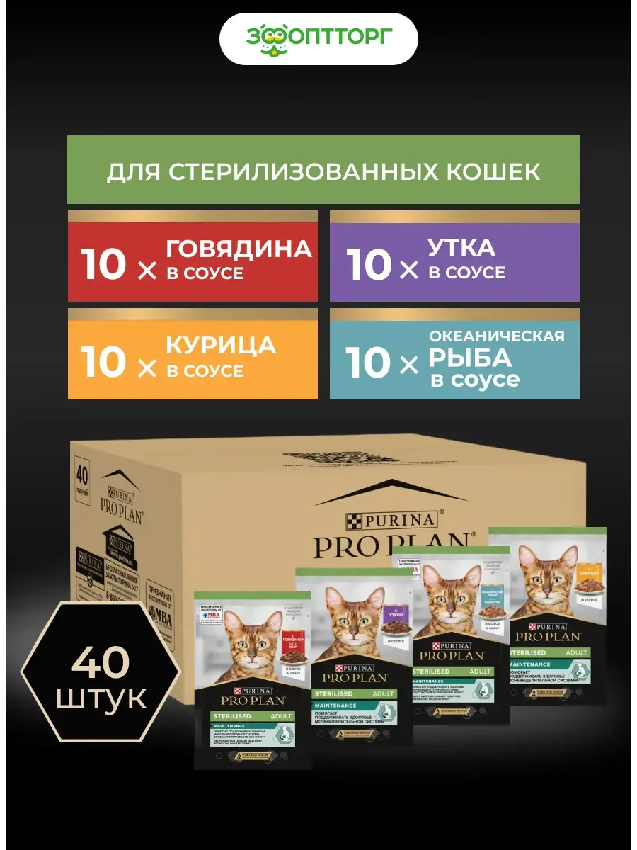 Влажный корм для стерилизованных кошек, Ассорти, 40 шт