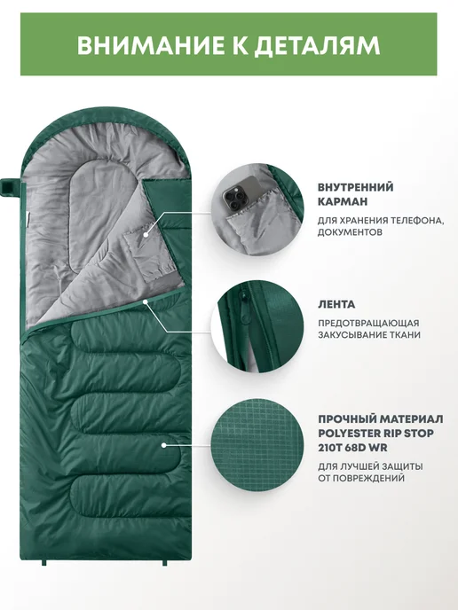 RSP Спальный мешок SLEEP 350 RipStop (молния справа, зеленый), зеленый, фото 5