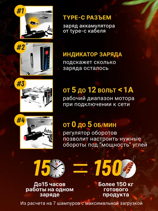 Auto-Vertel Электровертел для мангала Premium на 7 шампуров, 2 шт, фото 4