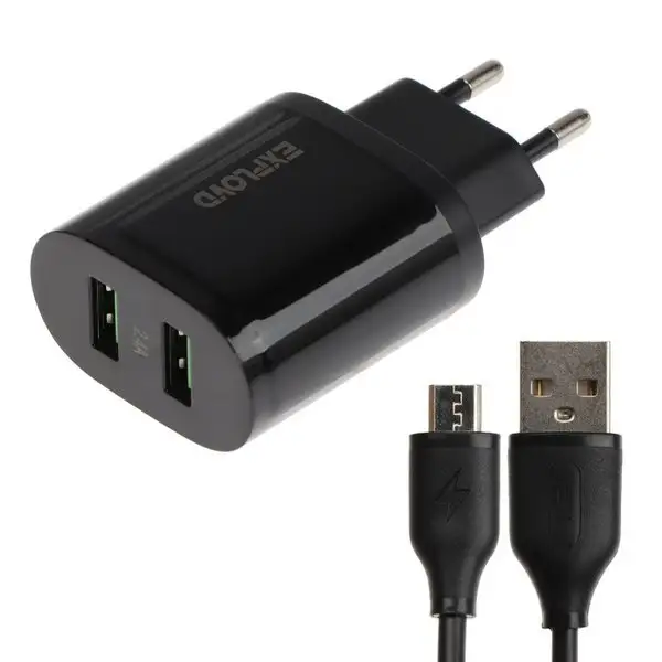 Сетевое зарядное устройство 2 USB, 2.4 А, кабель microUSB
