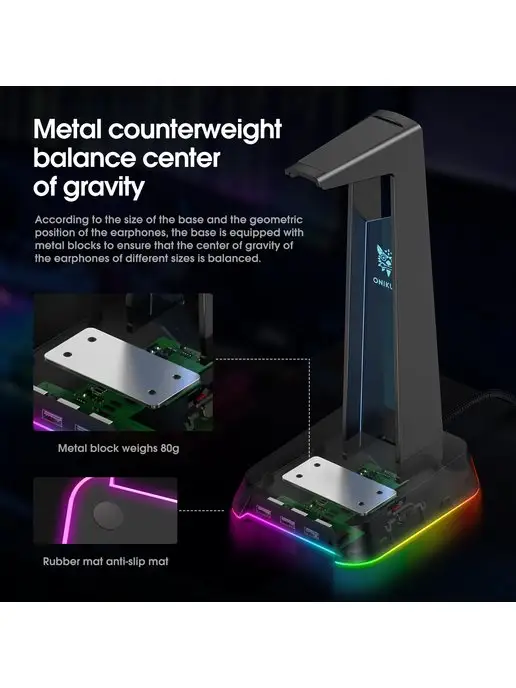 ONIKUMA Подставка держатель с подсветкой RGB для игровых наушников, черный, фото 6