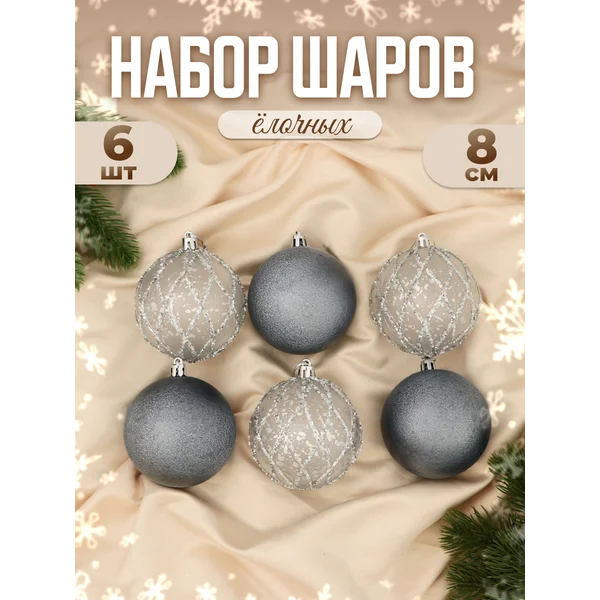 Набор новогодних шаров на елку 8 см, 6 шт Блеск