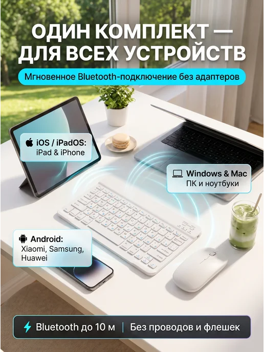 Bravus Bluetooth комплект клавиатура и мышь беспроводная тонкая, белый, фото 2