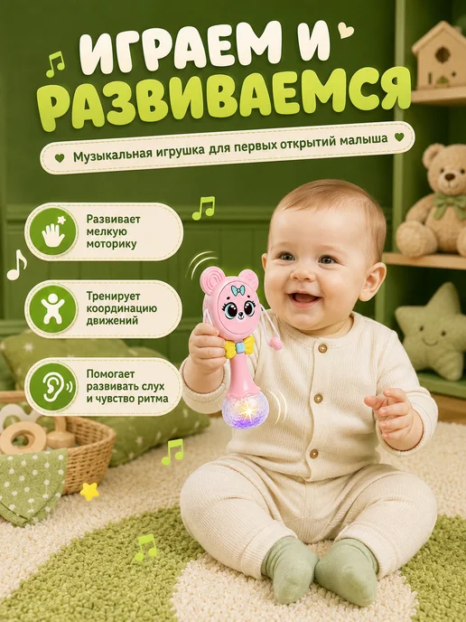 ZABIAKA Развивающая музыкальная игрушка Погремушка, розовый, фото 2