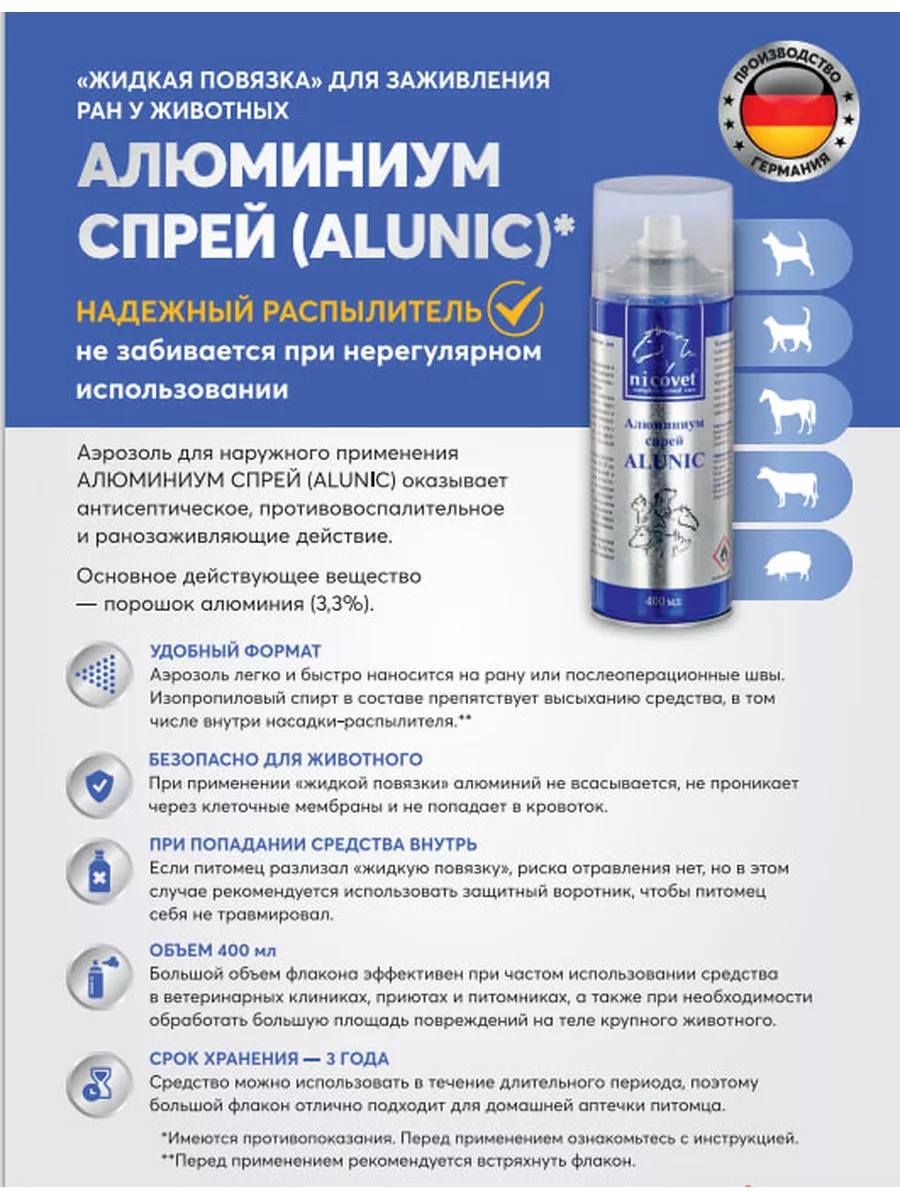 Алюминиевый спрей для животных Alunic, 400 мл, 2 шт. Nicovet 173086800  купить в интернет-магазине Wildberries