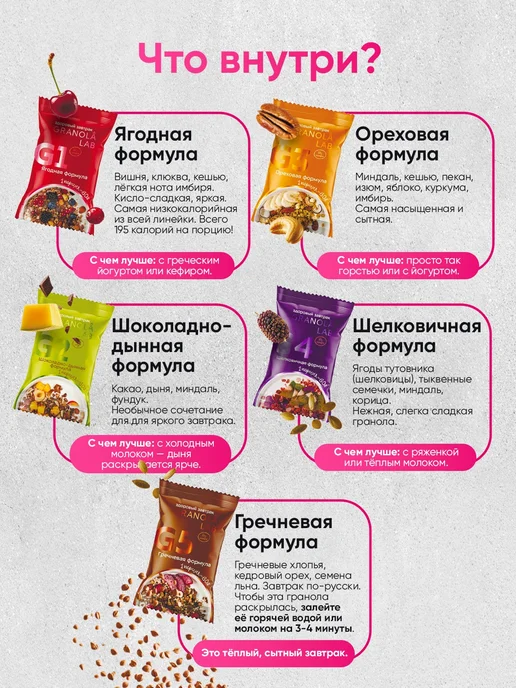 Гранола без сахара порционная Granola.Lab 5 вкусов, набор "5 ЗАВТРАКОВ ОТ GRANOLA.LAB", натуральная, 5х60г, 5x60, фото 2