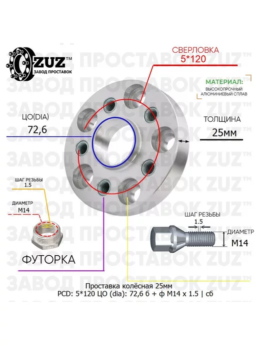 Завод проставок ZUZ Проставка 1шт 25мм 5*120 72,6 Болт Футорка М14*1,5