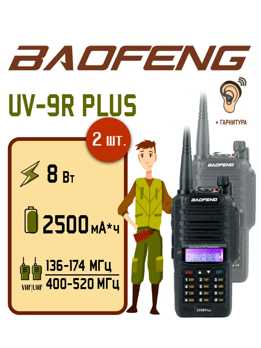 Рация Баофенг UV-9R Plus 8 Вт комплект 2 шт. BAOFENG 173575554 купить за 4  249 ₽ в интернет-магазине Wildberries