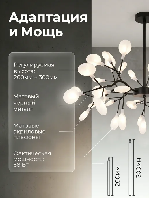 Балтийский Светлячок Люстра потолочная светодиодная G4, 45 ламп, 3 режима, черный, фото 2