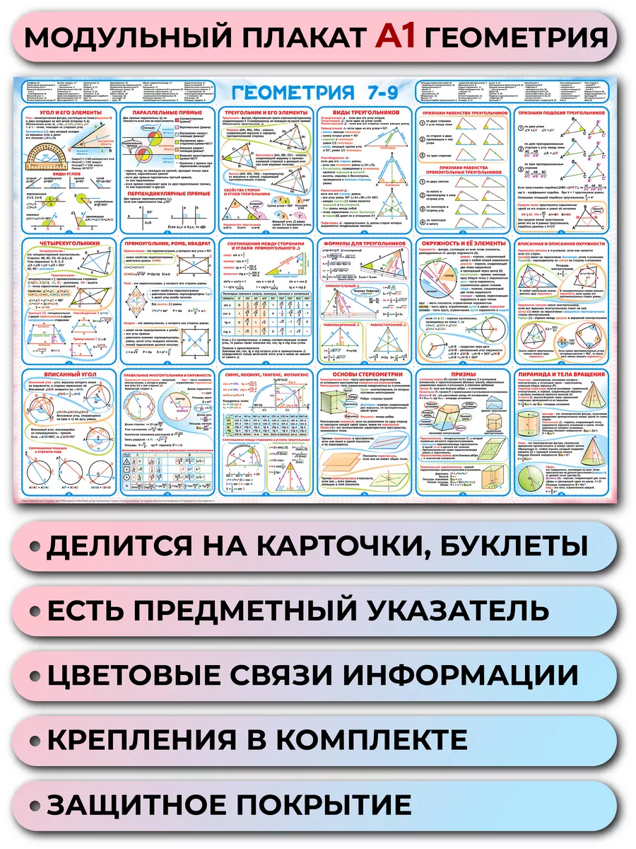 Обучающий плакат по геометрии 7-9 Карточки по математике Полиграфиум  173652022 купить за 416 ₽ в интернет-магазине Wildberries