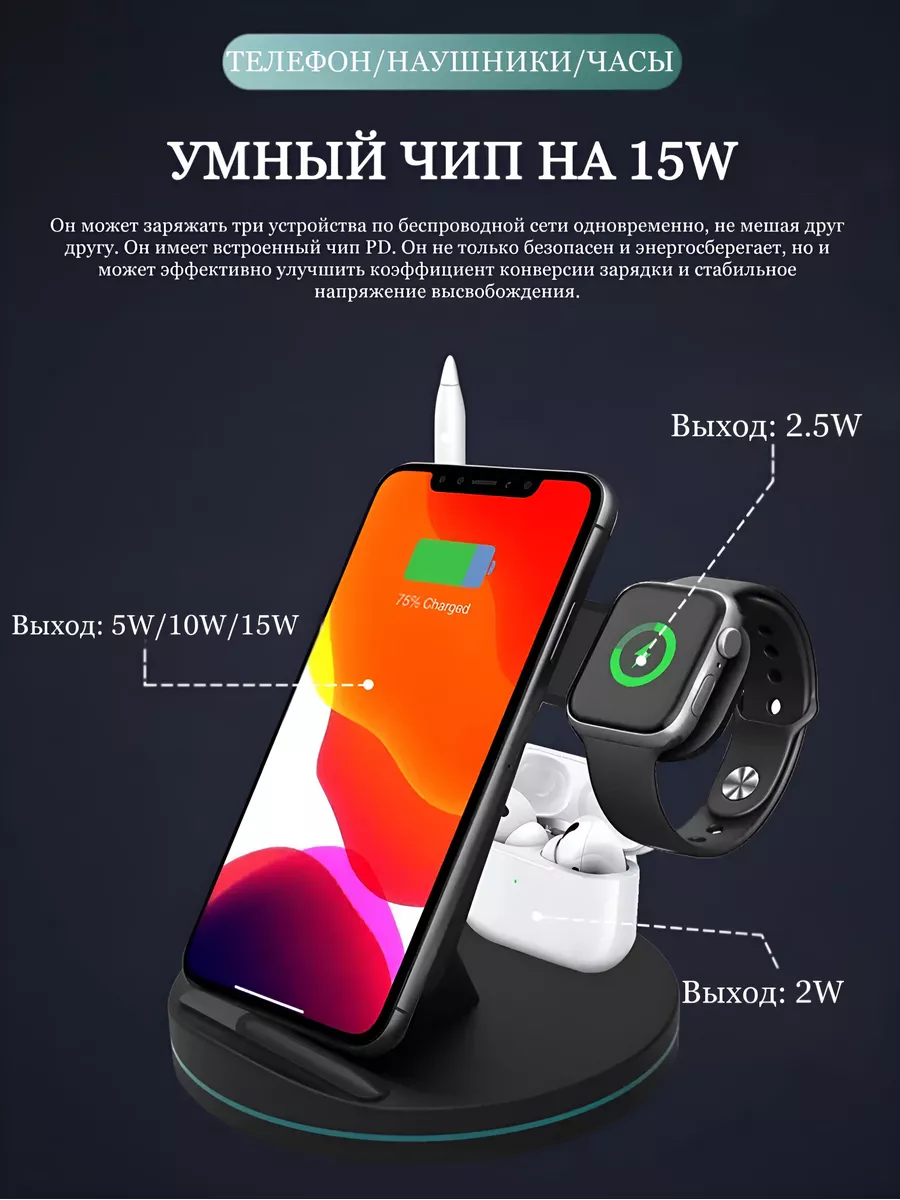 Быстрая беспроводная зарядка 4 в 1 для iPhone и Android Kagayo 173980631  купить за 554 ₽ в интернет-магазине Wildberries