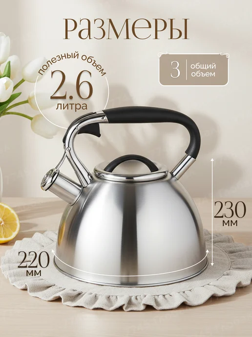 PERFECTO LINEA Чайник со свистком 3 л из нержавеющей стали Jasmine, 3 л, фото 3