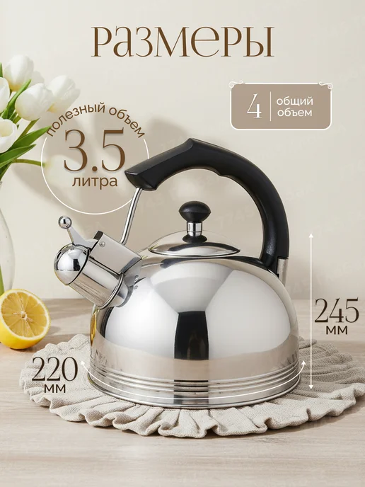 PERFECTO LINEA Чайник со свистком 3 л из нержавеющей стали Jasmine, 4 л, фото 3