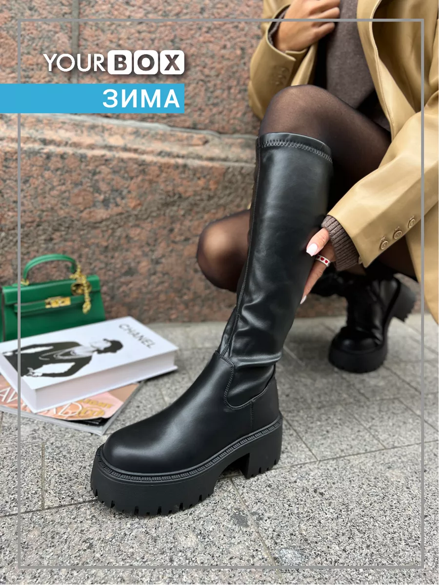 YOURBOX Сапоги женские зимние кожаные на платформе, каблуке высокие
