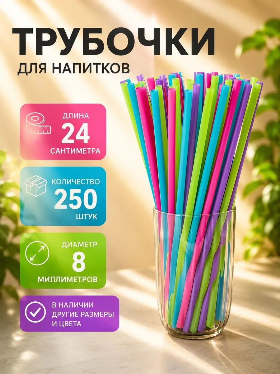 Трубочки для коктейлей и напитков цветные 24х0,8 см 250 шт