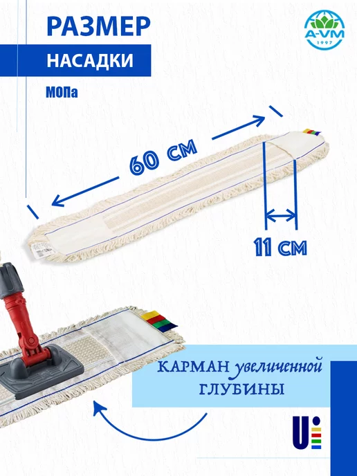 A-VM Насадка для швабры МОП, хлопок+микрофибра, 60х11 см, 60x11 см, фото 3