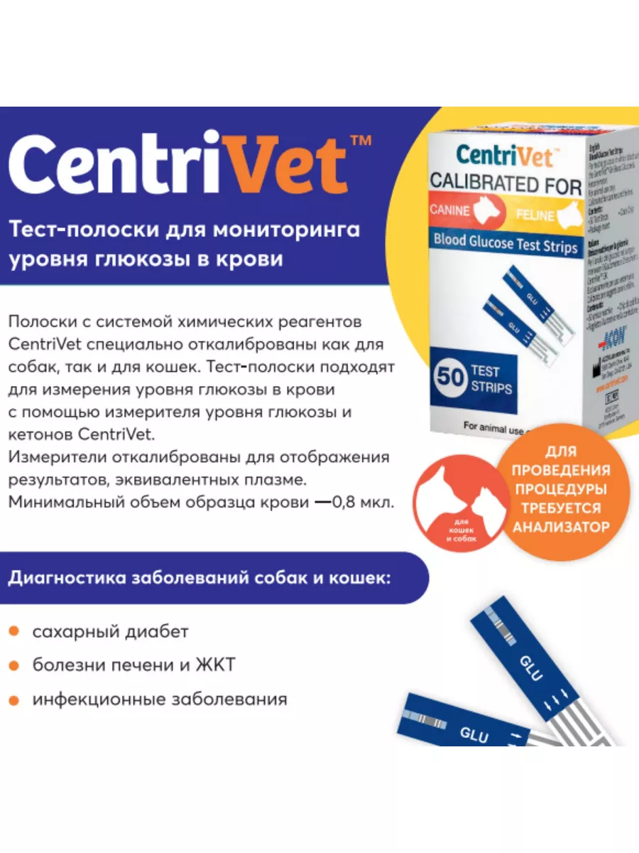 Тест-полоски на глюкозу для кошек и собак, 50 шт. CentriVet 174692545  купить в интернет-магазине Wildberries