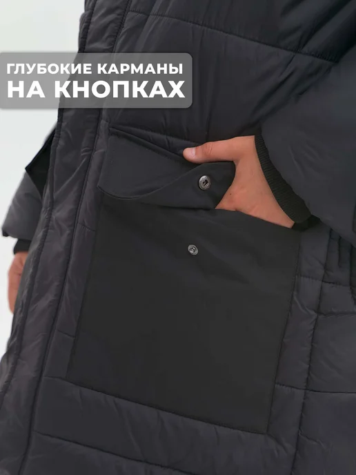 WBR Пальто зимнее на подростка с капюшоном, черный, фото 4