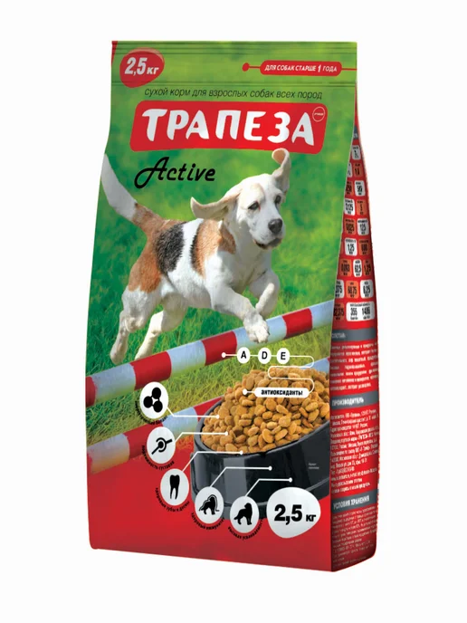 Сухой корм ТРАПЕЗА Активных Active для собак, средние, 2,5 кг