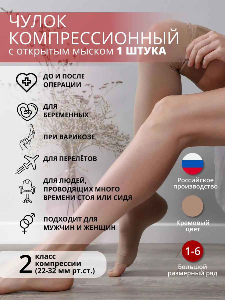 Компрессионный чулок 2 класс с открытым мысом (1 шт)