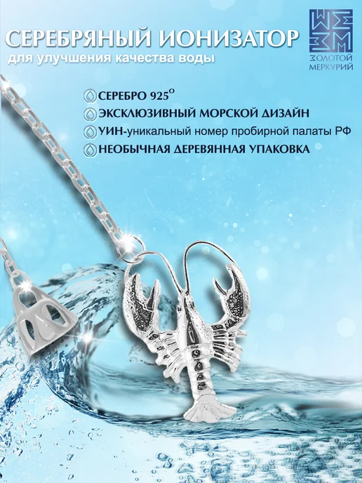 Золотой Меркурий Ионизатор воды серебро 925 Рак, серебристый, фото 2