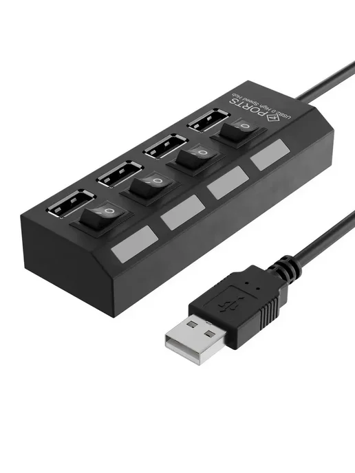 GSMIN USB хаб разветвитель на 4 порта с выключателем, черный, фото 3