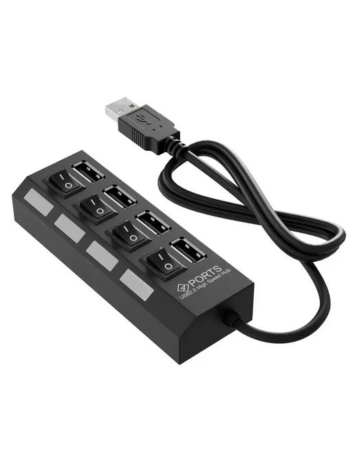GSMIN USB хаб разветвитель на 4 порта с выключателем, черный, фото 4