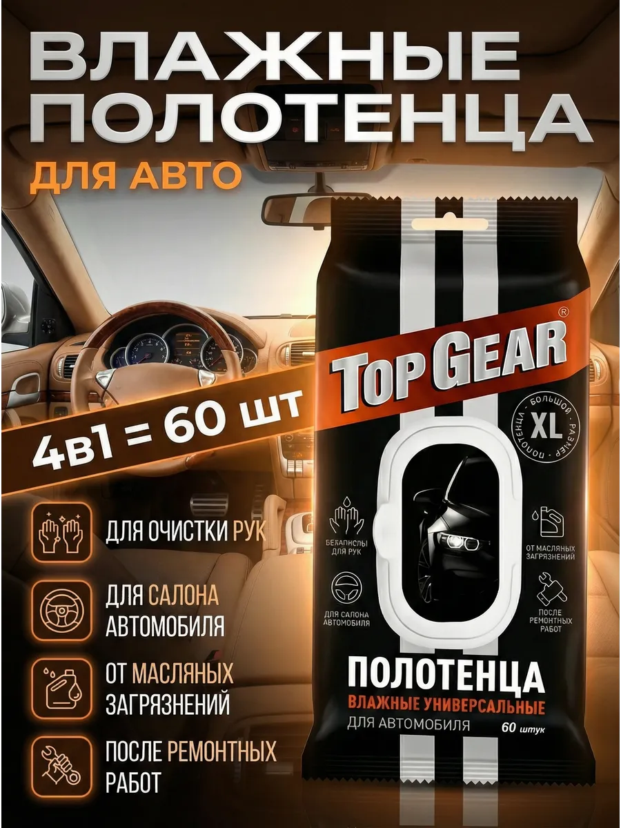 Влажные салфетки для автомобиля в салон TOP GEAR