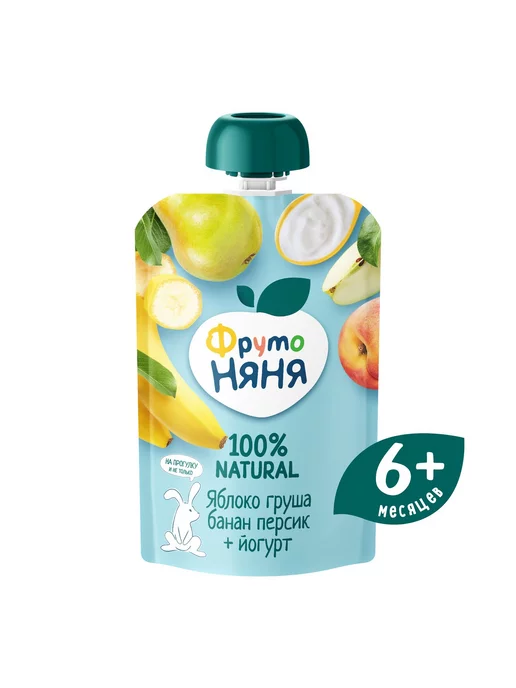 Пюре детские Пюре яблоко-груша-банан-персик с йогуртом 90г 6шт!!!, 90 г, 6 шт