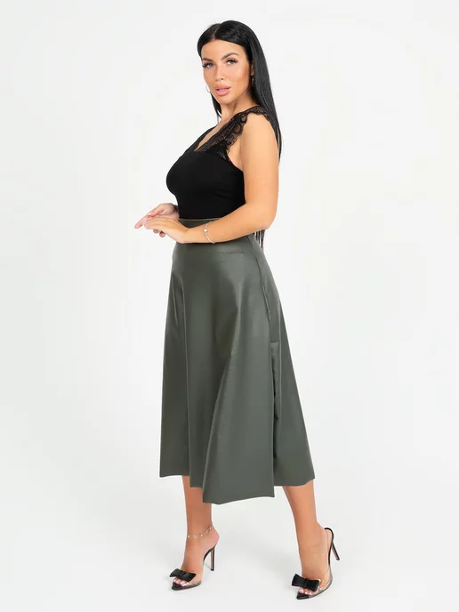 INSTINITY Юбка кожаная трапеция миди больших размеров, зеленый, фото 6