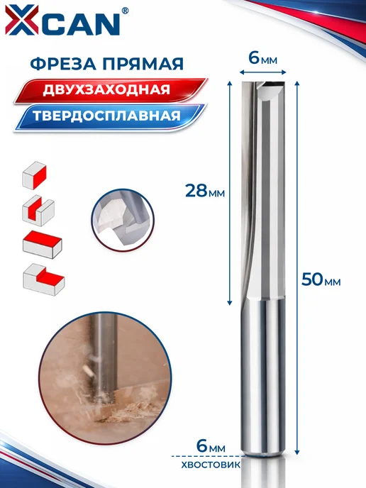 XCAN Фреза прямая по дереву двухзаходная 6х6х28х50мм, вариант