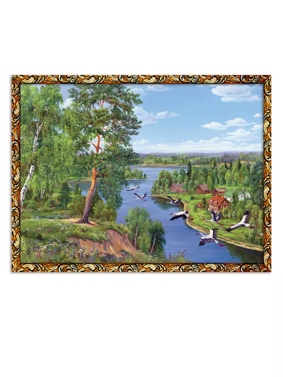 Картина для декора в раме "Деревня у реки".