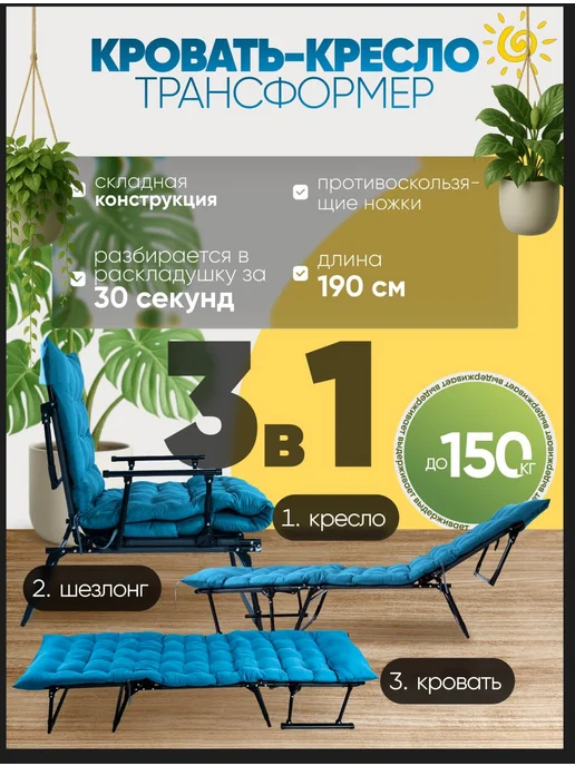 Ruturism Раскладушка с матрасом для дома 190см, синий, фото 2