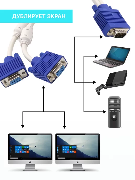 Mirazen Разветвитель VGA (15p M) - 2 VGA (15p F), длина - 25 см, синий, фото 2