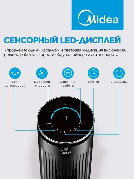Midea Вентилятор колонный FT4040, пульт ДУ, сенсорное управление, черный, фото 5