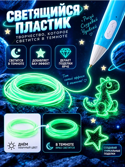 Funny Toys 3D ручка набор PCL пластика светящегося в темноте, голубой, фото 5