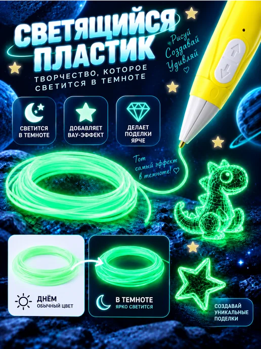 Funny Toys 3D ручка набор PCL пластика светящегося в темноте, желтый, фото 5